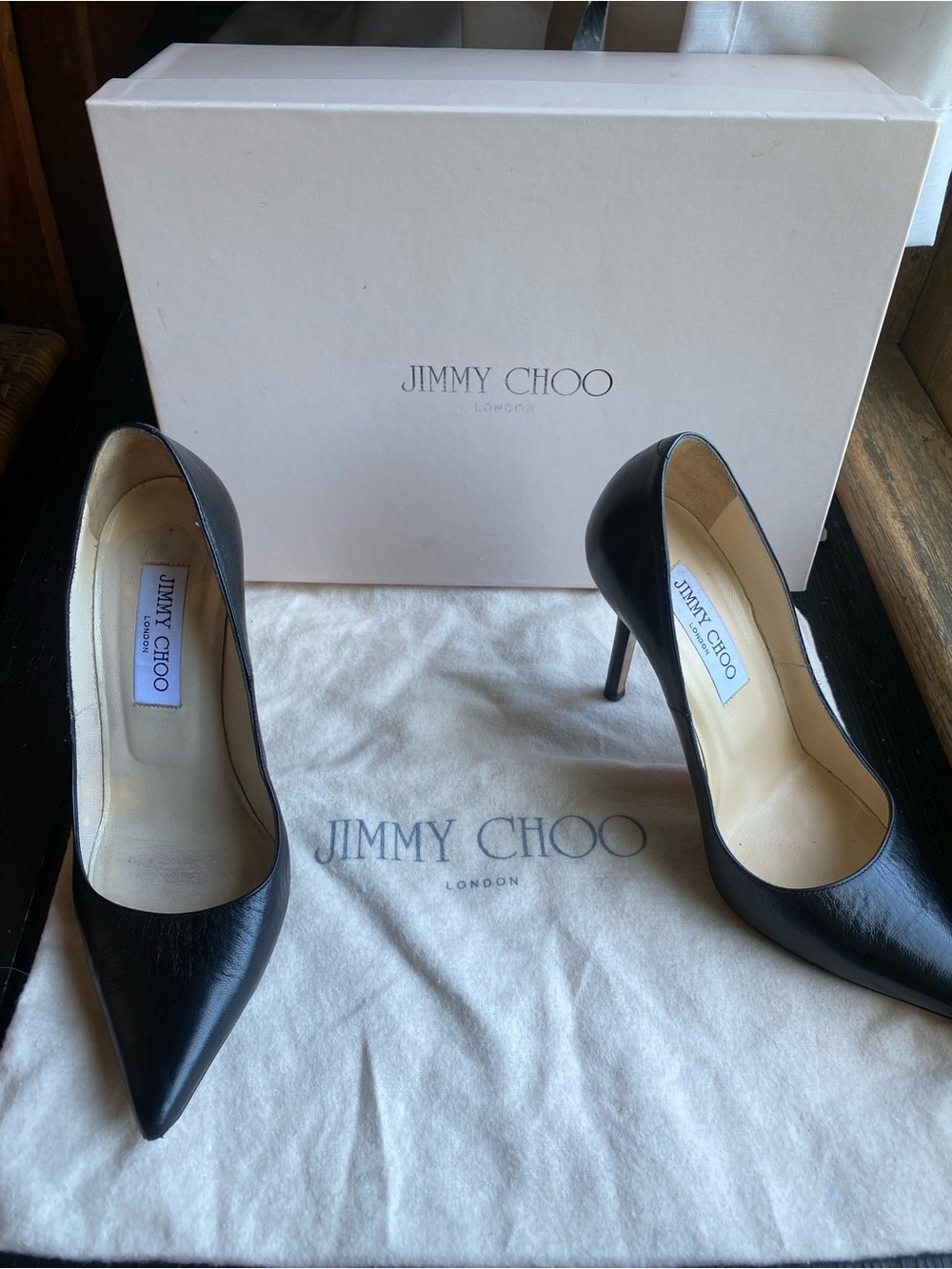 Jimmy Choo Black Leather Pointed-Toe Stiletto Pumps